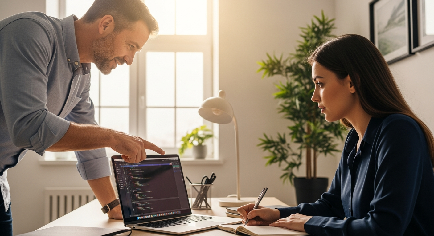 Mentor guiding a student at a laptop